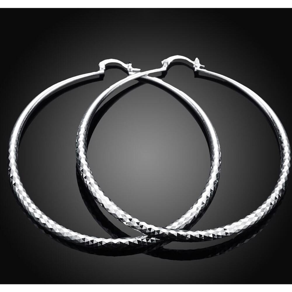 70CM 925 Stamp Silver Color Deep Faceted Diamond Cut Hoop Earrings - Picture 4 of 5